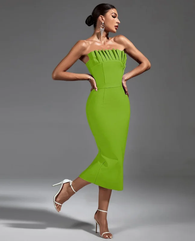 “Anai” Green Strapless Pleated Midi Bandage Dress