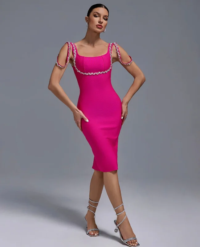 “Diamente” Square Neck Rhinestone Detailed Bandage Dress