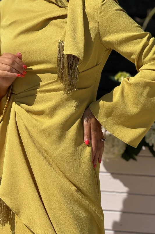 Kayla Fringe Detail Wrap Dress In Mustard