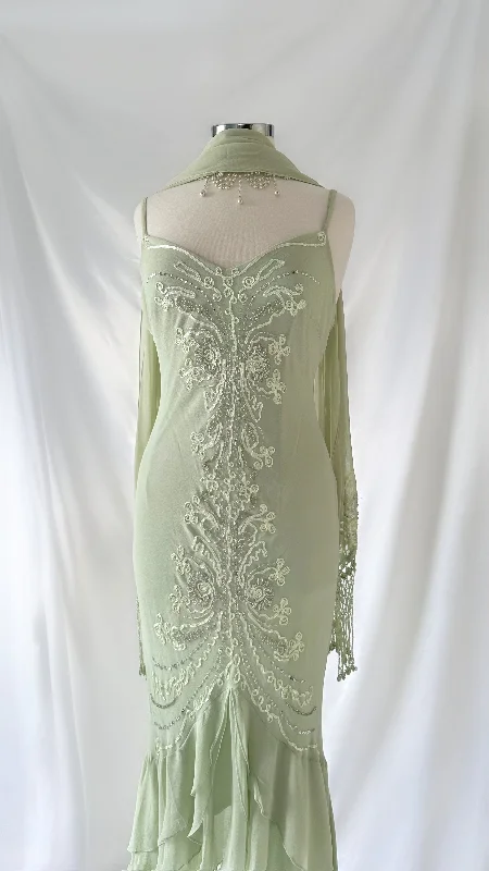 Mint Ruffle Elegance Three-Tier Silk Dress & Scarf Set