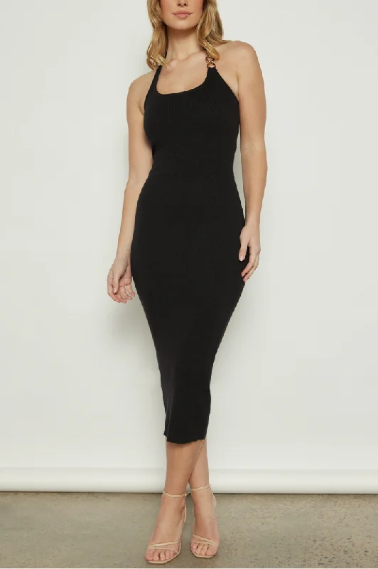 PANDORIA HALTER NECK KNIT MIDI DRESS - Black