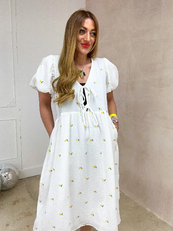 Scattered Lemon Print Midi Dress In White