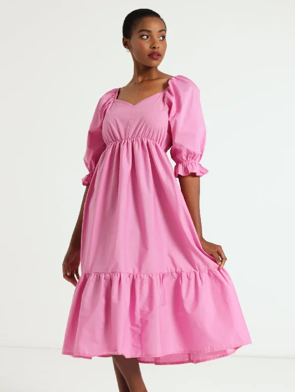 3/4 Sleeve Frill Hem Poplin Dress