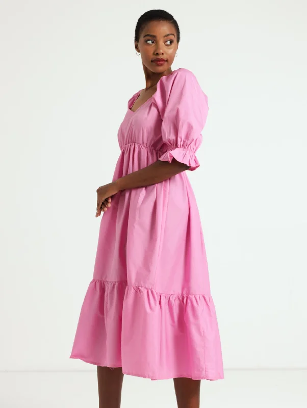 3/4 Sleeve Frill Hem Poplin Dress