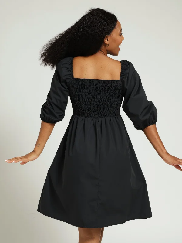 3/4 Sleeve Shirred Bodice Mini Dress - Black