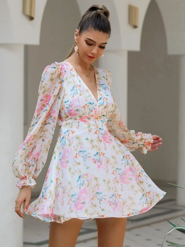 KittenAlarm - Flora Print Chiffon Open Back Long Sleeve Dress