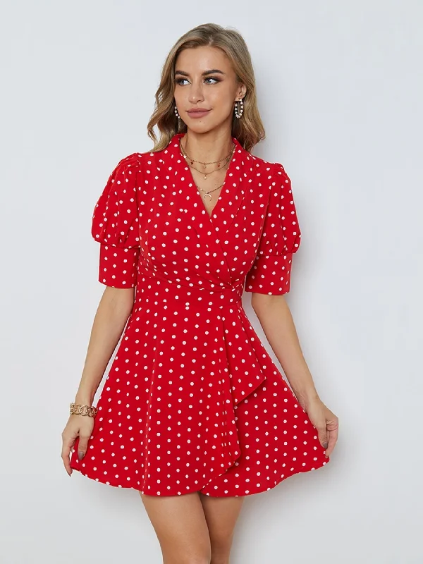 KittenAlarm - Polka Dots Puff Sleeve Ruffled Dress