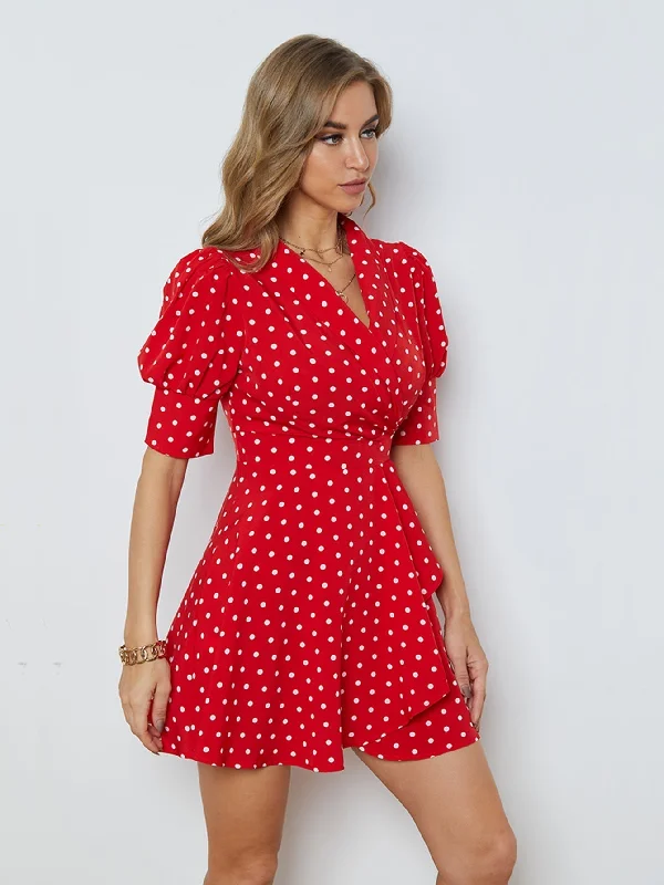 KittenAlarm - Polka Dots Puff Sleeve Ruffled Dress