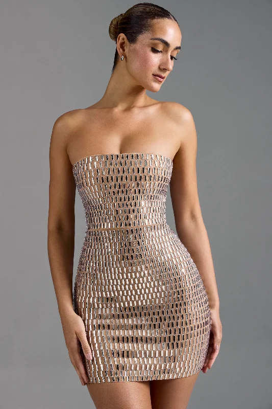 Embellished Bandeau Mini Dress in Almond