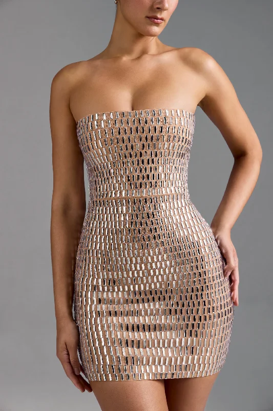 Embellished Bandeau Mini Dress in Almond