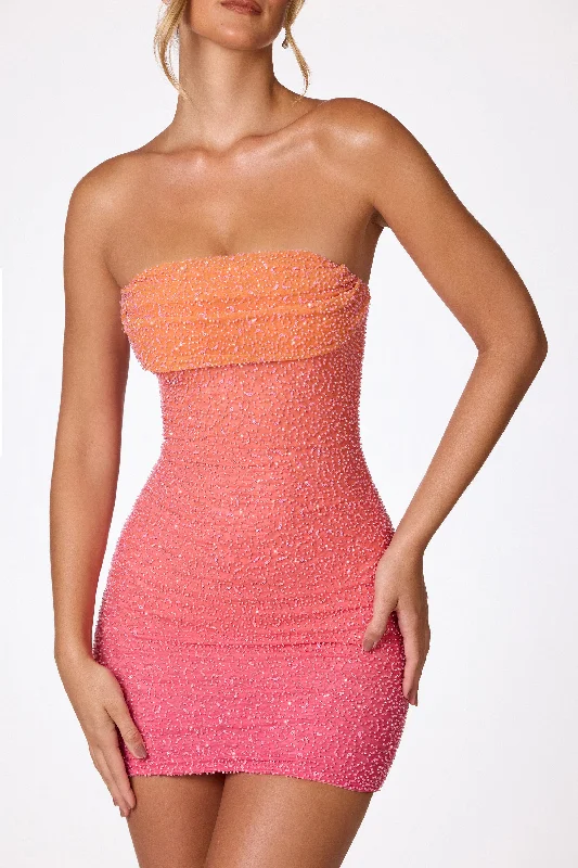 Embellished Strapless Mini Dress in Red and Orange Ombré