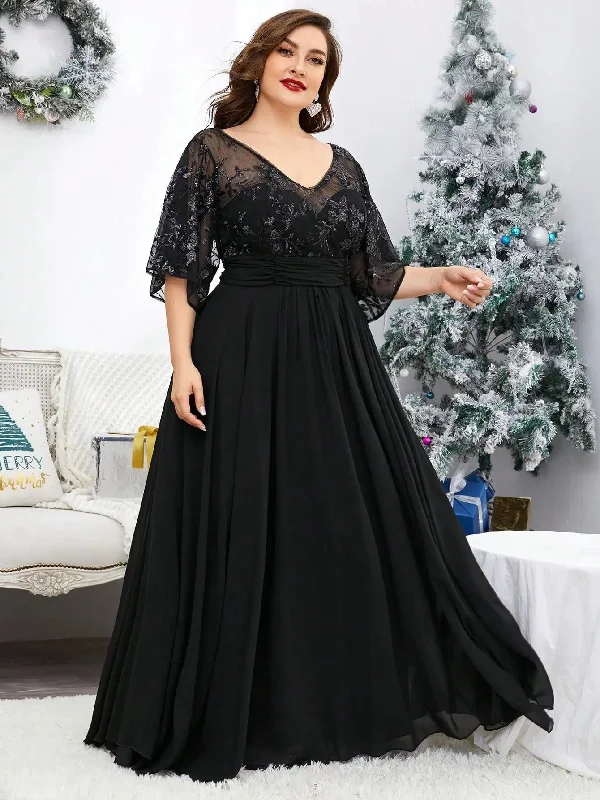 Black Lace Sequins Half Sleeve Plus Size Evening Dress