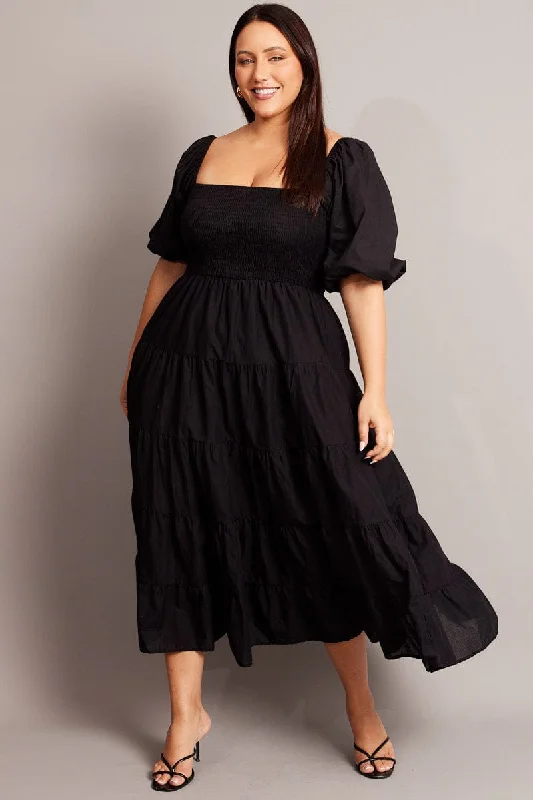 Black Maxi Dress Short Sleeve Tiered Tie Back