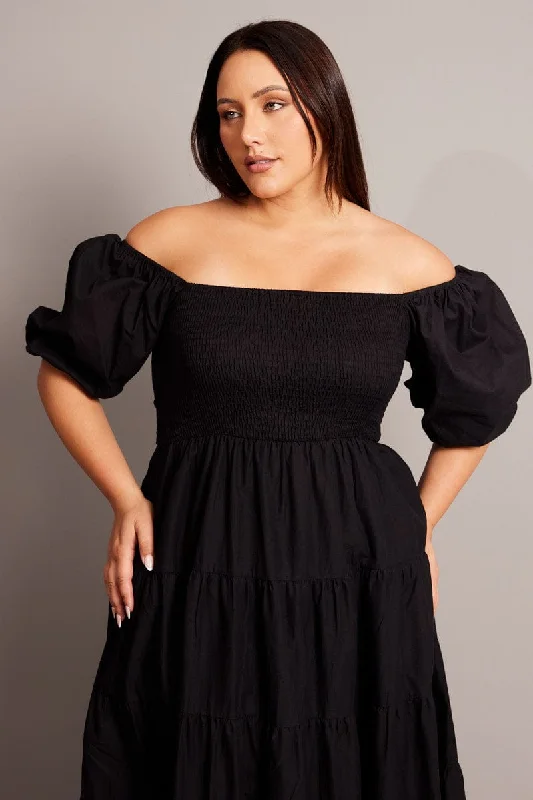 Black Maxi Dress Short Sleeve Tiered Tie Back