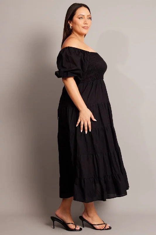 Black Maxi Dress Short Sleeve Tiered Tie Back