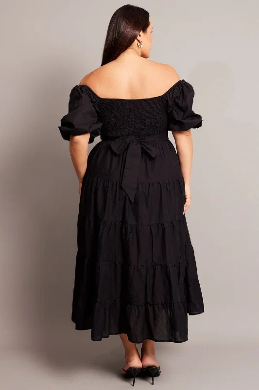 Black Maxi Dress Short Sleeve Tiered Tie Back