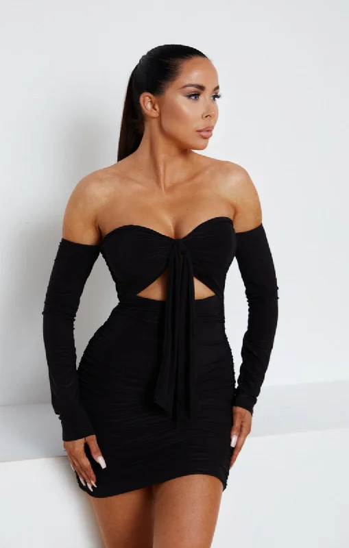 Black Slinky Ruched Bardot Long Sleeve Cut Out Tie Front Bodycon Mini Dress - Zion