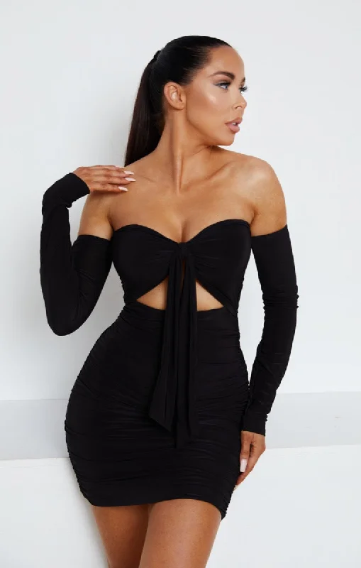 Black Slinky Ruched Bardot Long Sleeve Cut Out Tie Front Bodycon Mini Dress - Zion