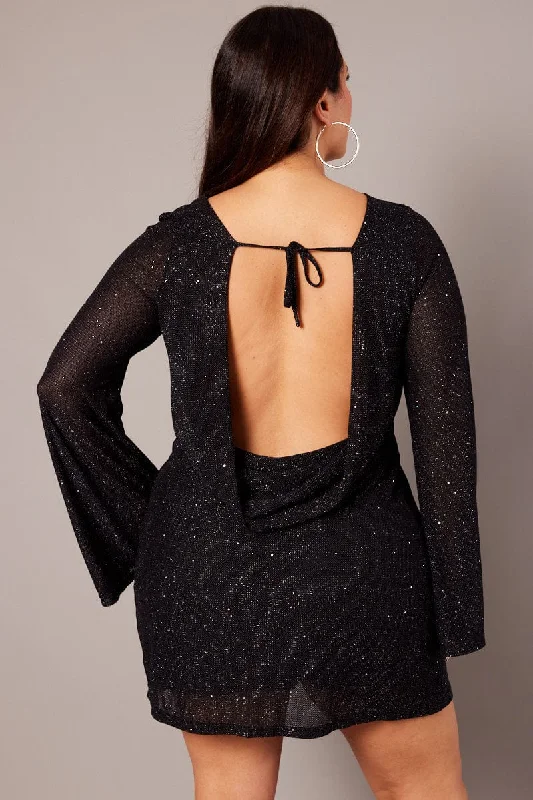 Black Sparkle Flare Sleeve Cowl Low Back Minidress