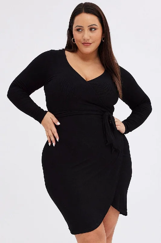 Black Wrap Dress Rib Jersey Tie Waist Knee Length