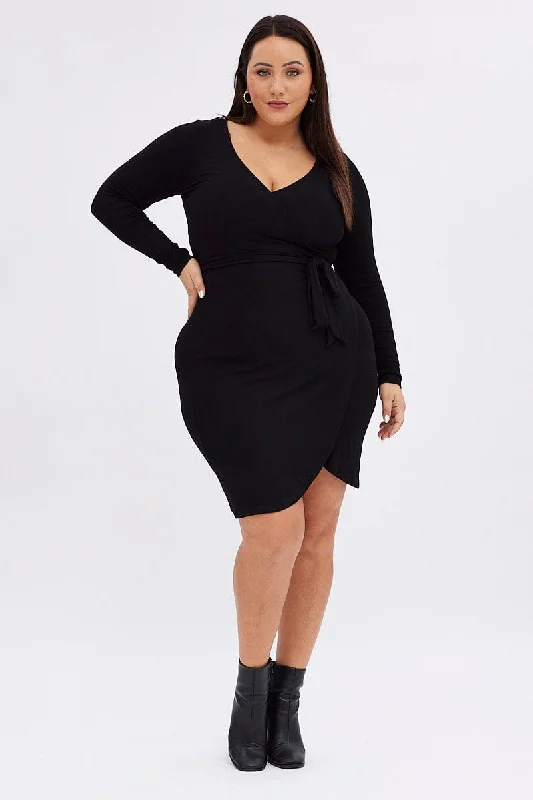 Black Wrap Dress Rib Jersey Tie Waist Knee Length