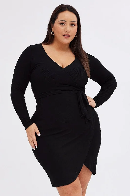 Black Wrap Dress Rib Jersey Tie Waist Knee Length