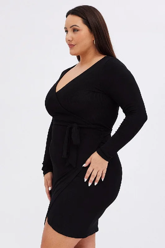 Black Wrap Dress Rib Jersey Tie Waist Knee Length