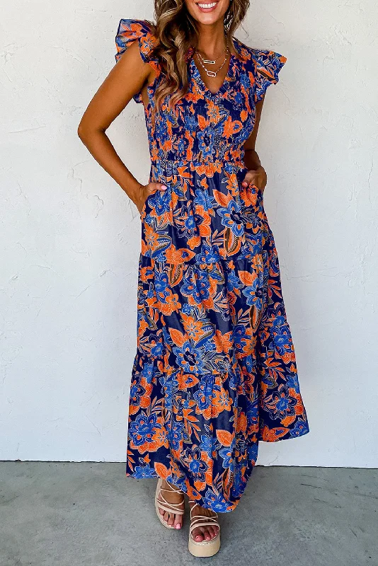 Blue Boho Floral Ruffle Tiered Maxi Dress