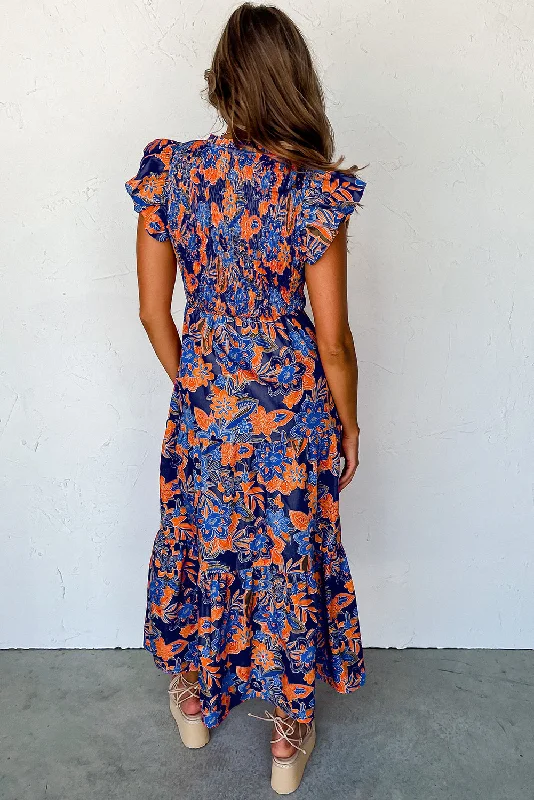 Blue Boho Floral Ruffle Tiered Maxi Dress