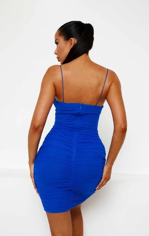 Blue Mesh Ruched Sheer Panel Strappy Bodycon Mini Dress - Hester