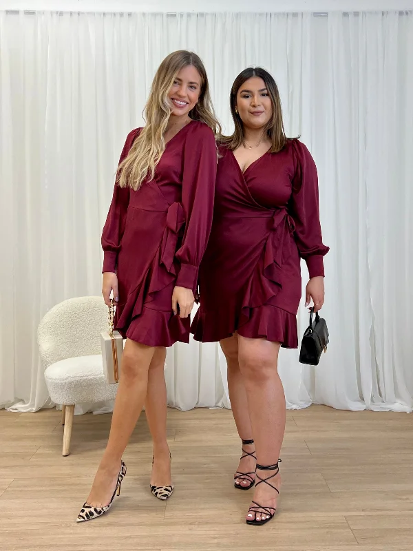 Bobbi Wrap Satin Mini Dress / Merlot