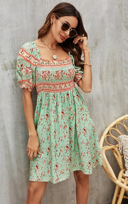 Boho Mini Dress With Pink Floral Print In Mint Green