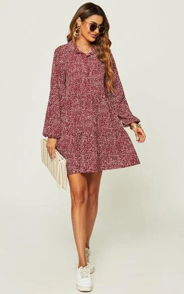 Button Front Long Sleeved Tiered Dress In Dark Red