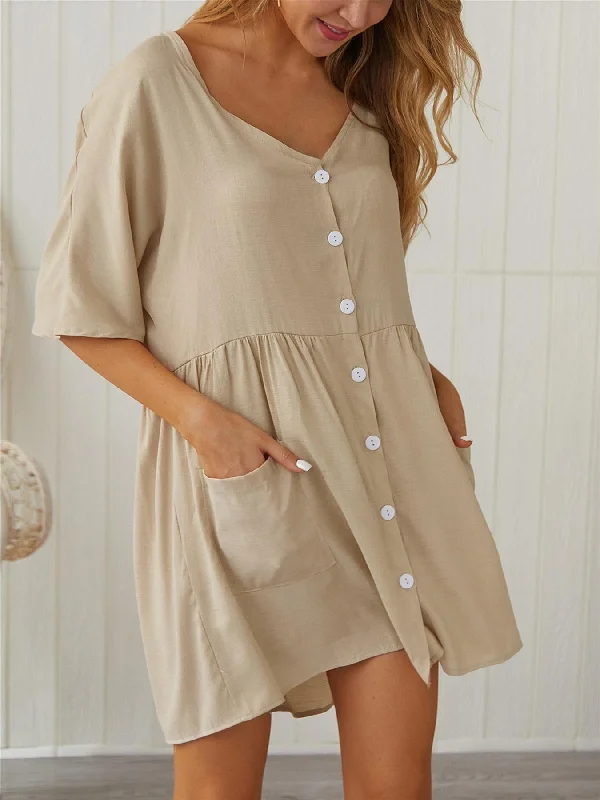 Button Front V Neck Mini Dress Nude