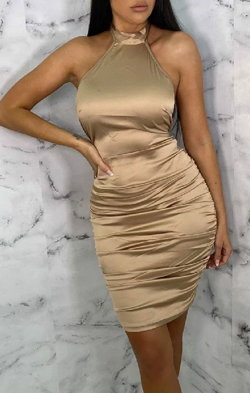 Camel Satin High Neck Choker Bodycon Mini Dress - Velma