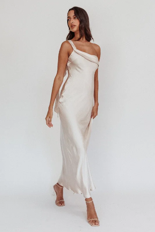 Carmel One-Shoulder Sash Maxi Dress Champagne