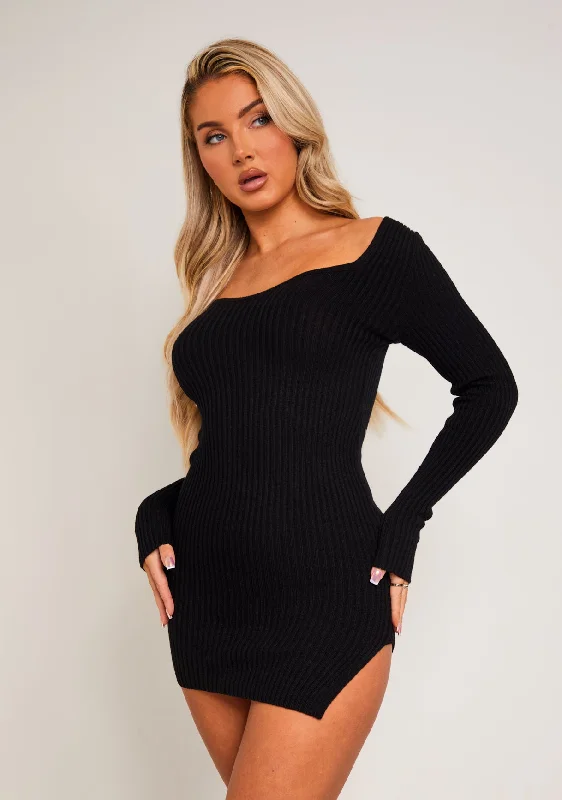 Carrie Black Knit Sweetheart Neckline Mini Dress