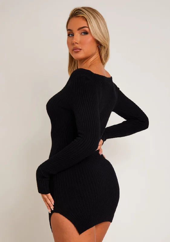 Carrie Black Knit Sweetheart Neckline Mini Dress