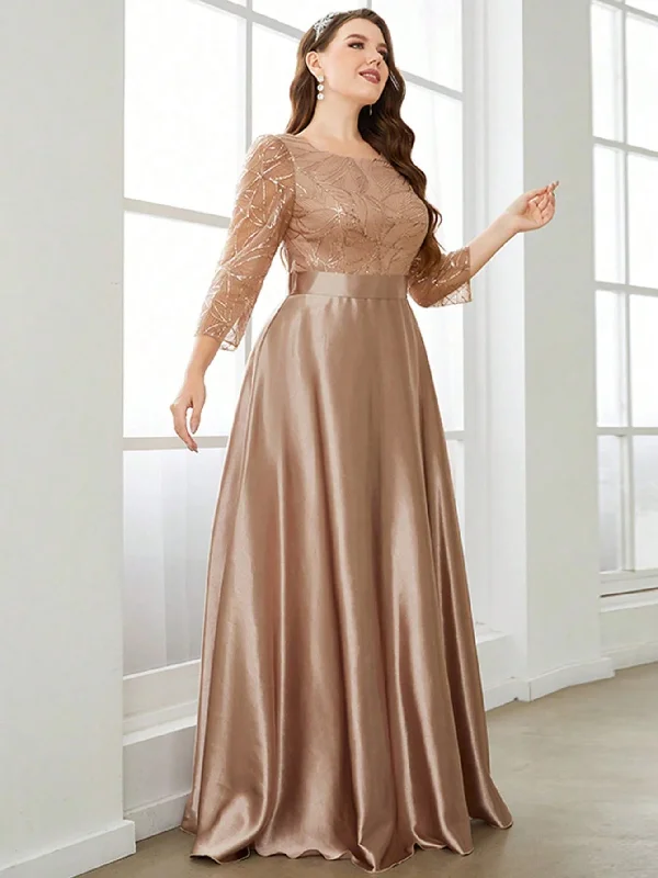 Champagne Round Neck Lace Sleeve Plus Size Party Dress