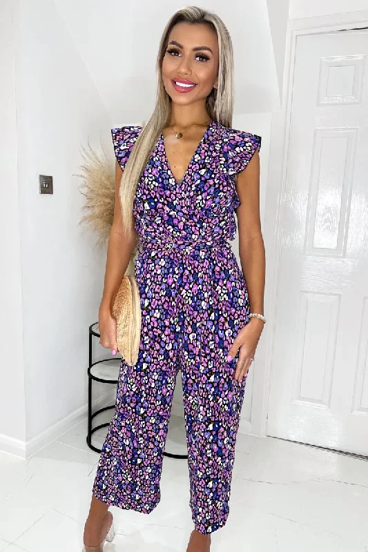 Chelsea Purple Print V Neck Belted Jumpsuit