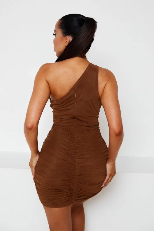 Chocolate One Shoulder Mesh Bodycon Mini Dress - Amy