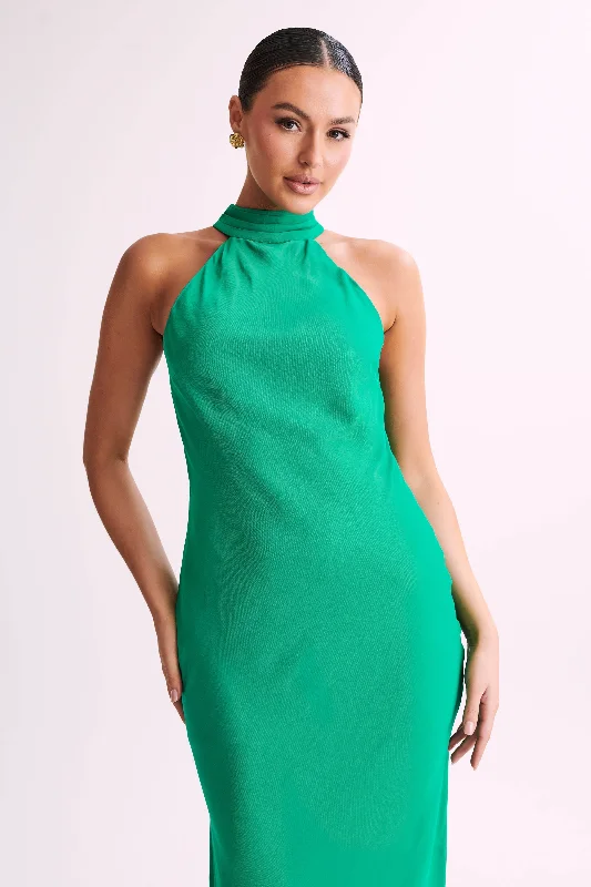 Claire Satin Drape Back Maxi Dress with Split - Green