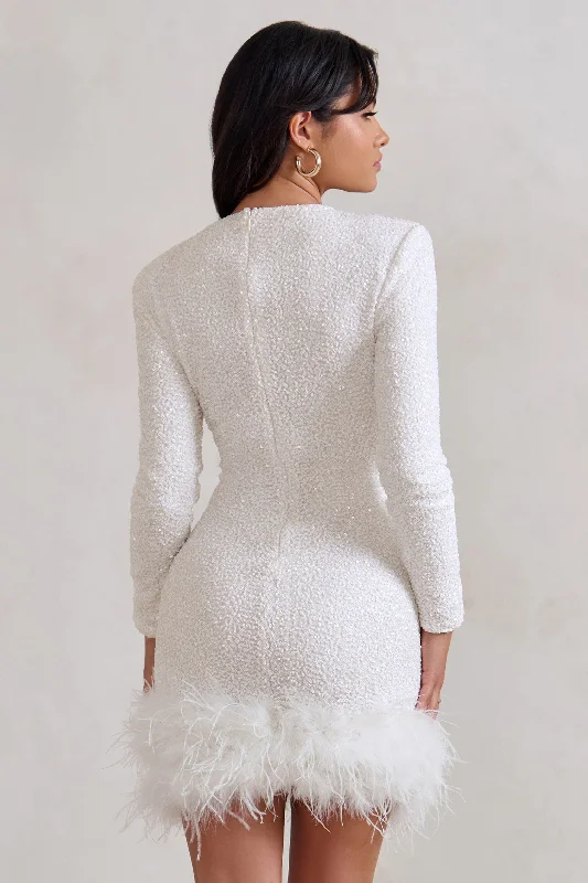 Claudia | White Sequin High Neck Feather Hem Mini Dress With Long Sleeves