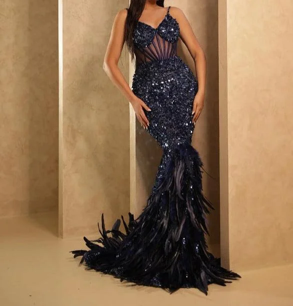 Cutiepeachy - Roselyn V-Neck Mesh Sequins Blue Feather Maxi Dress