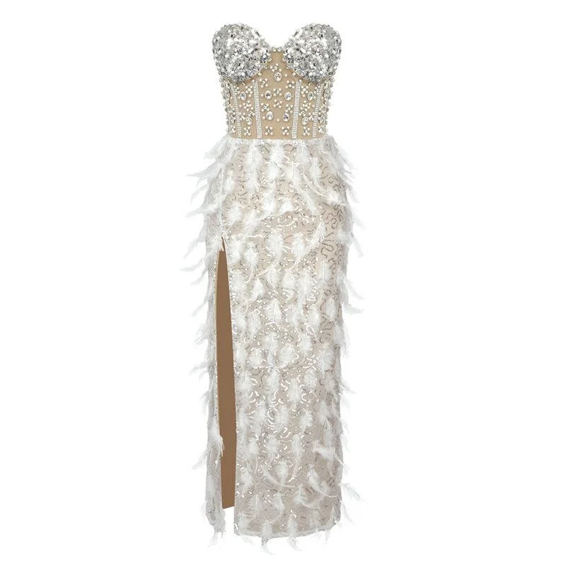 Cutiepeachy - Addie Sweetheart Crystal Embellished Feather Midi Dress