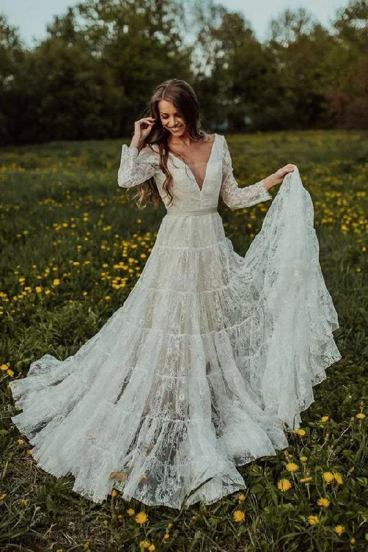 Deep V Neck Boho Wedding Dress Long Sleeve Rustic Wedding Dress  WD373