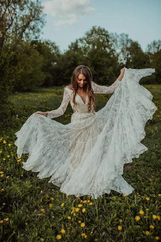 Deep V Neck Boho Wedding Dress Long Sleeve Rustic Wedding Dress  WD373