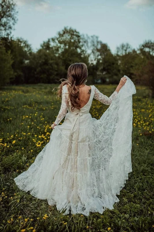 Deep V Neck Boho Wedding Dress Long Sleeve Rustic Wedding Dress  WD373