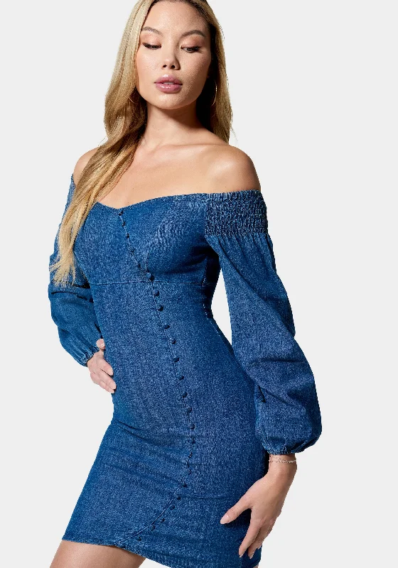 Denim Cold Shoulder Button Detail Dress