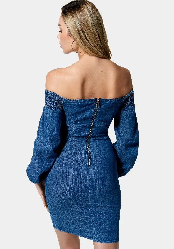 Denim Cold Shoulder Button Detail Dress